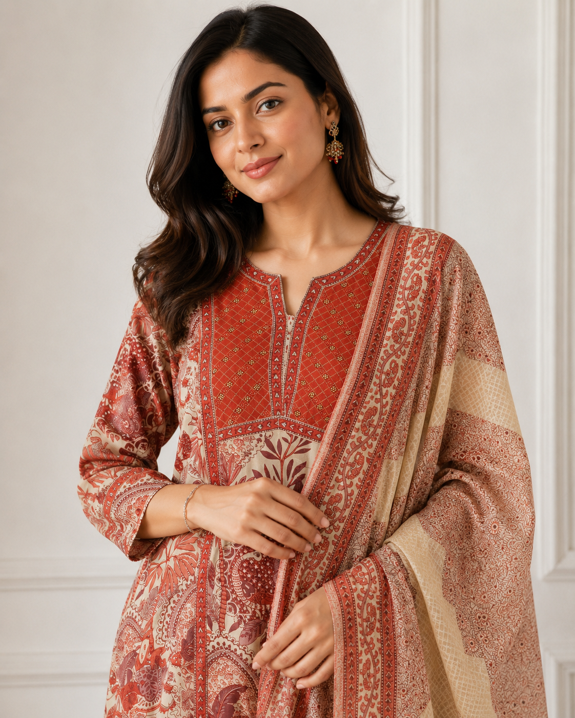 Ashvastra Gulnaar Rust Cotton Suit Set - Styling View