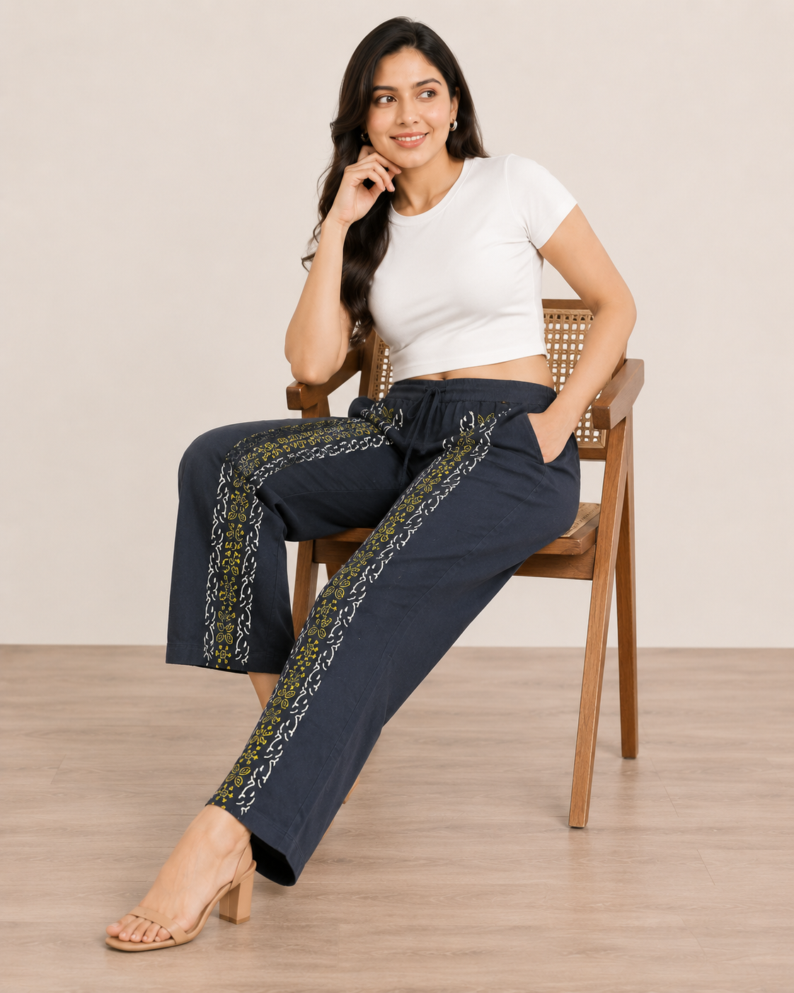 Navy Blue Cotton Printed Pant