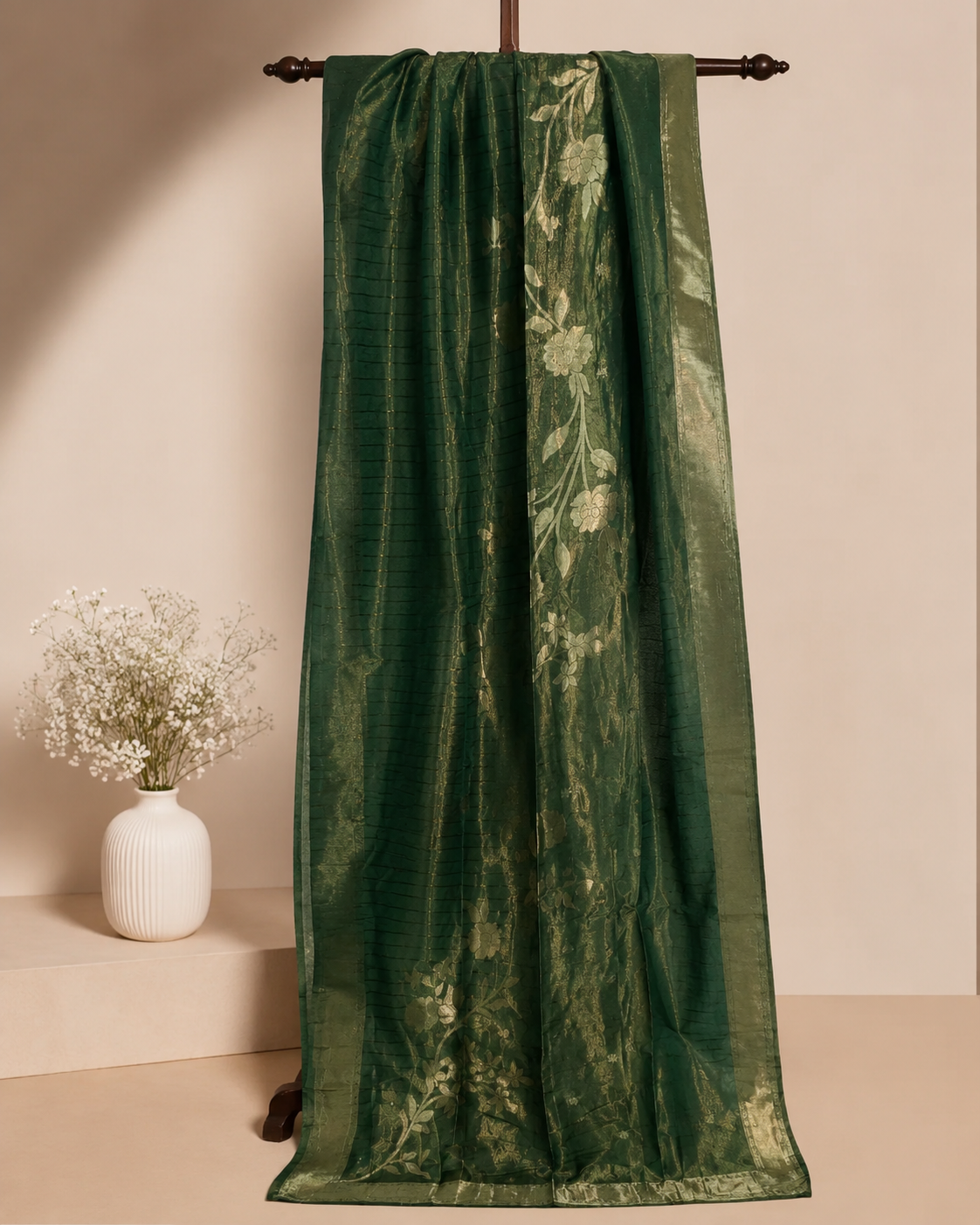 Ashvastra Rajwada Green Floral Woven Dupatta - Back View
