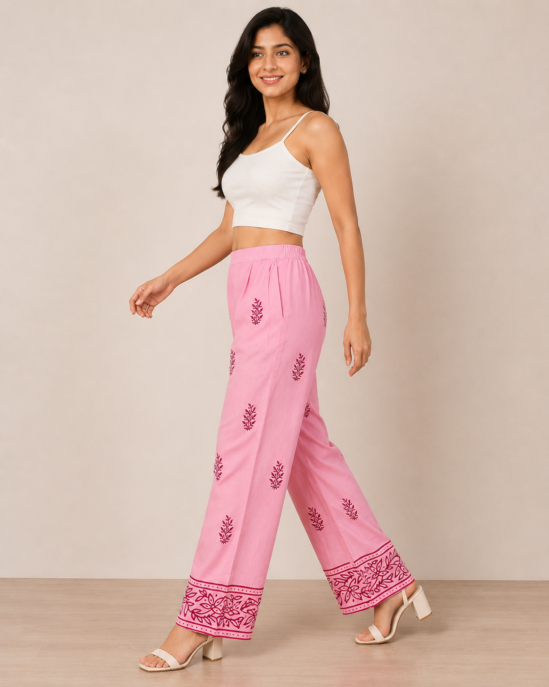Baby Pink Cotton Printed Pant