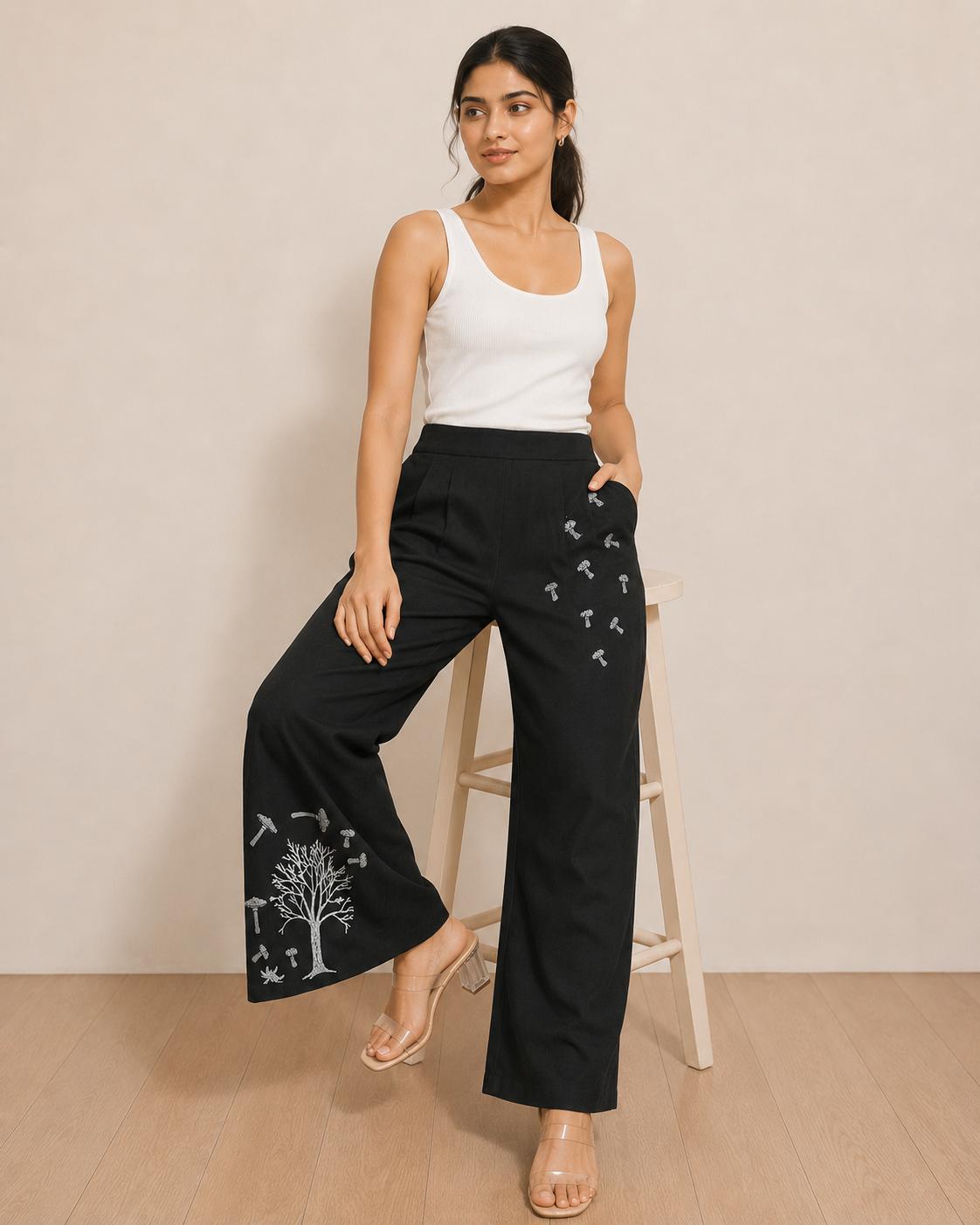 Black Cotton Printed Pant