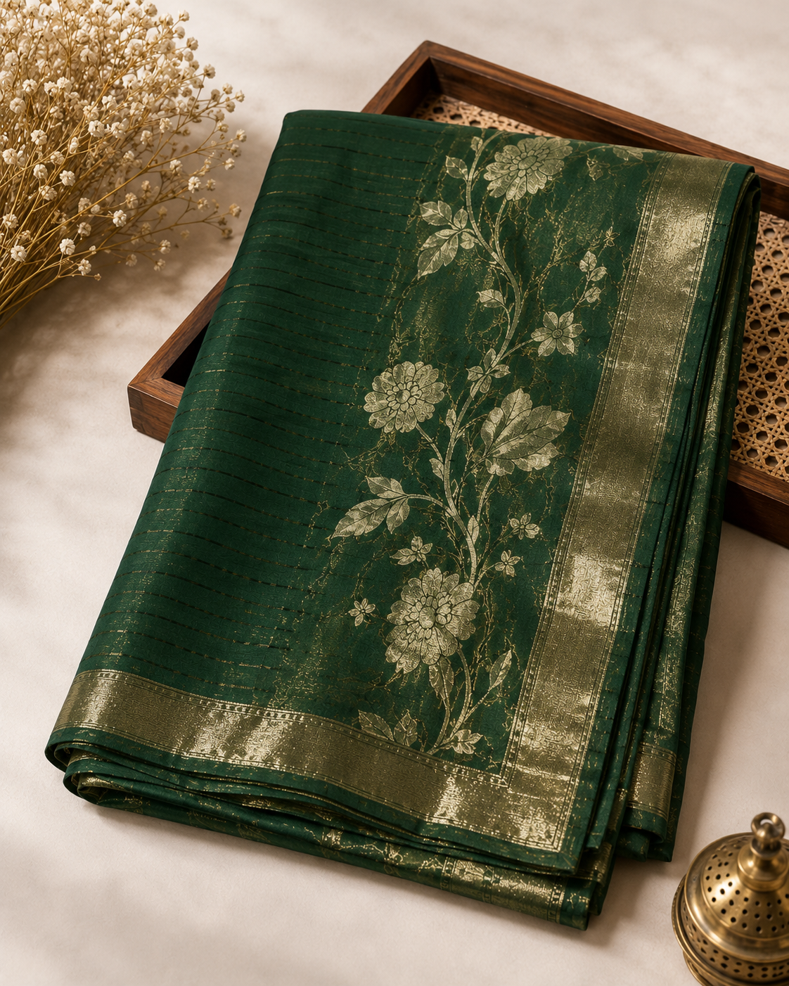 Ashvastra Rajwada Green Floral Woven Dupatta - Close-up View