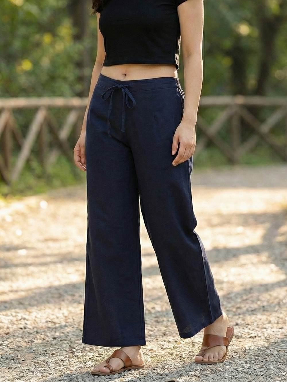 Premium Navy Blue Cotton Wide-Leg Palazzo