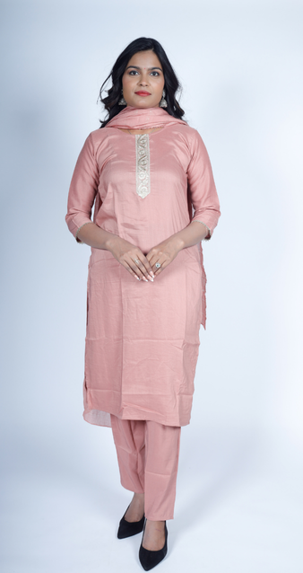 Peach Silk-Blend Straight Kurta Set with Subtle Embroidery & Matching Dupatta