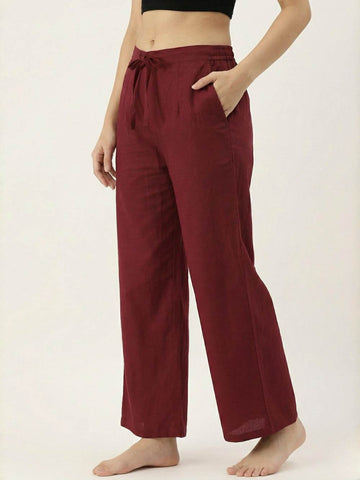 Ashvastra Premium Maroon Cotton Wide-Leg Palazzo - Front View