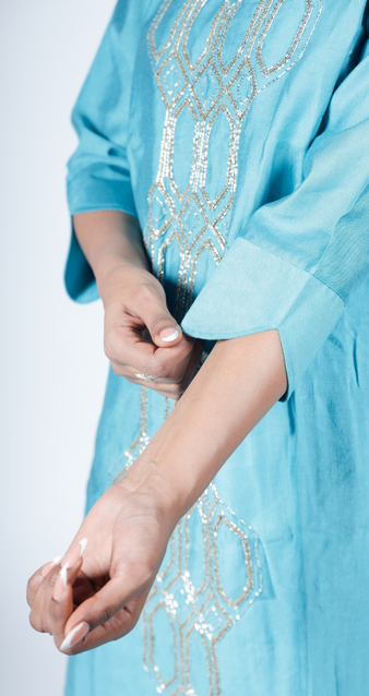 Teal Silk-Blend Kurta with Geometric Sequin Embroidery Paired with Matching Sharara