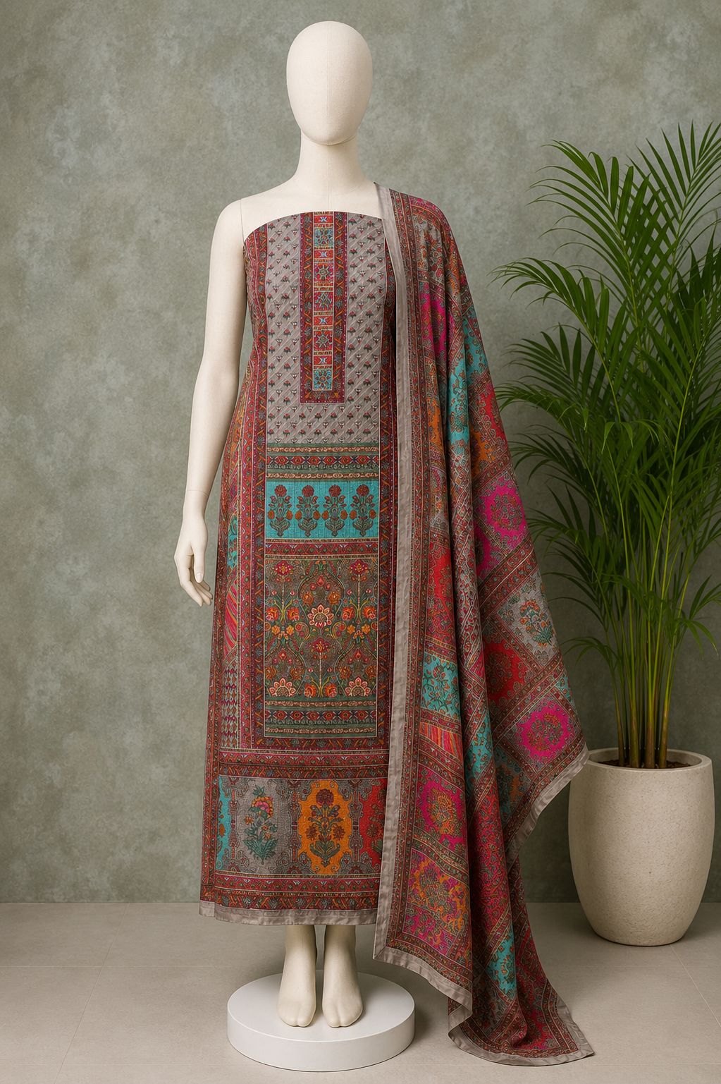 Rajwada Slate Grey Heritage Print Unstitched Suit Set