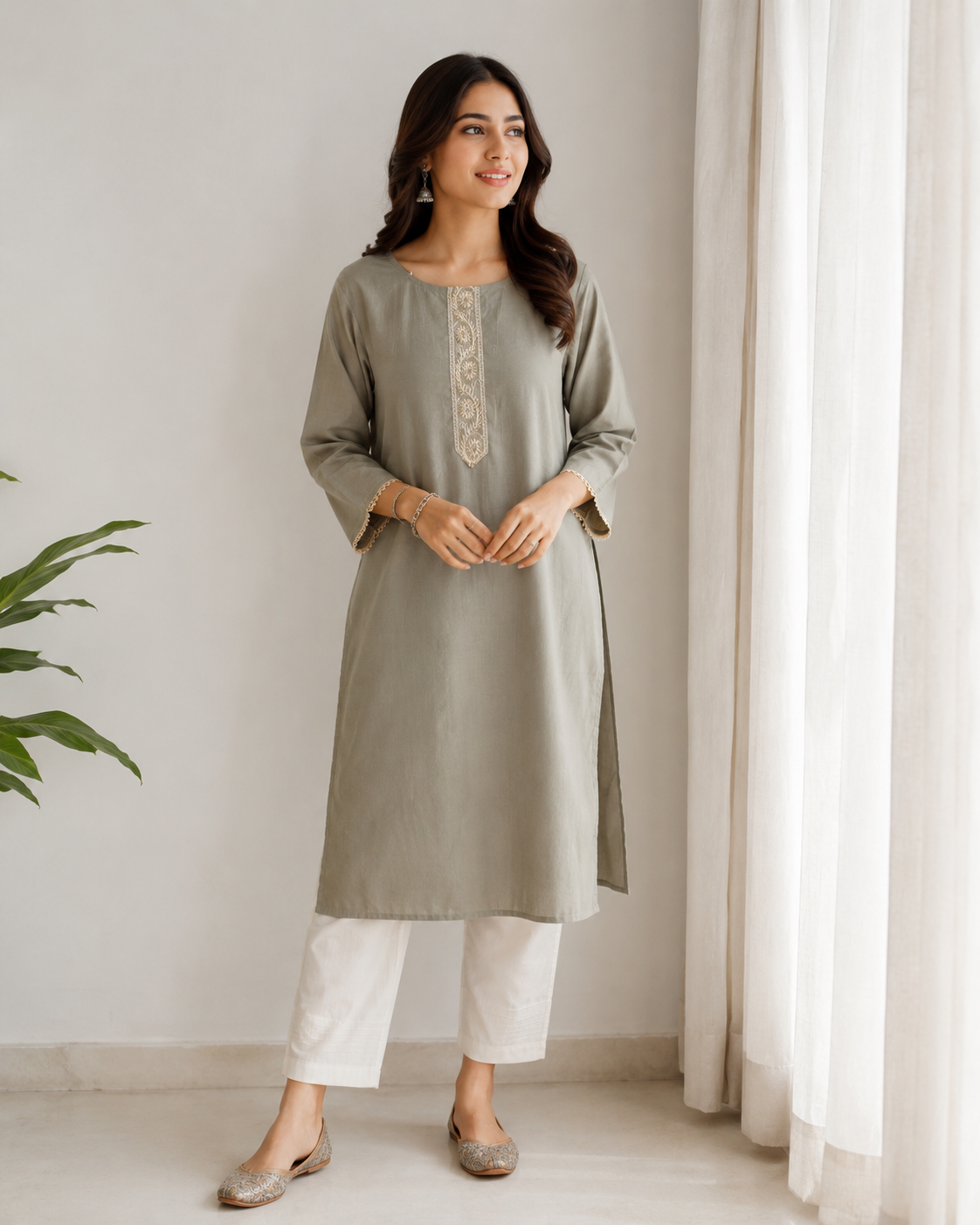 Noor Rust Green  Cotton Suit With Neck  Zari and with Banarsi Dupatta