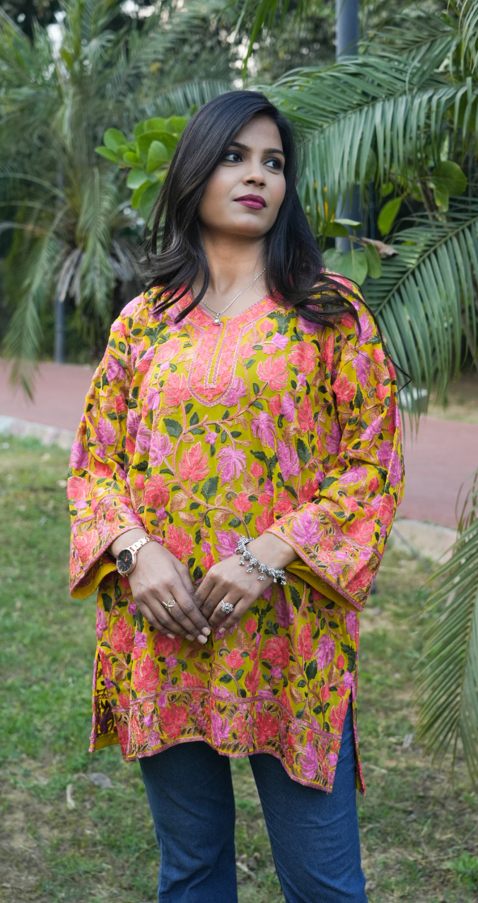 Mustard Yellow Floral Embroidered Kurti with Pink Thread Work