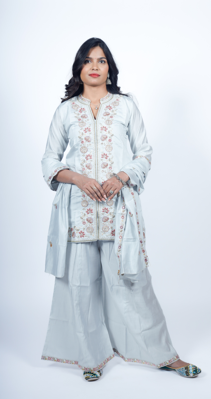 Powder Blue Embroidered Kurta Set with Flowing Sharara
