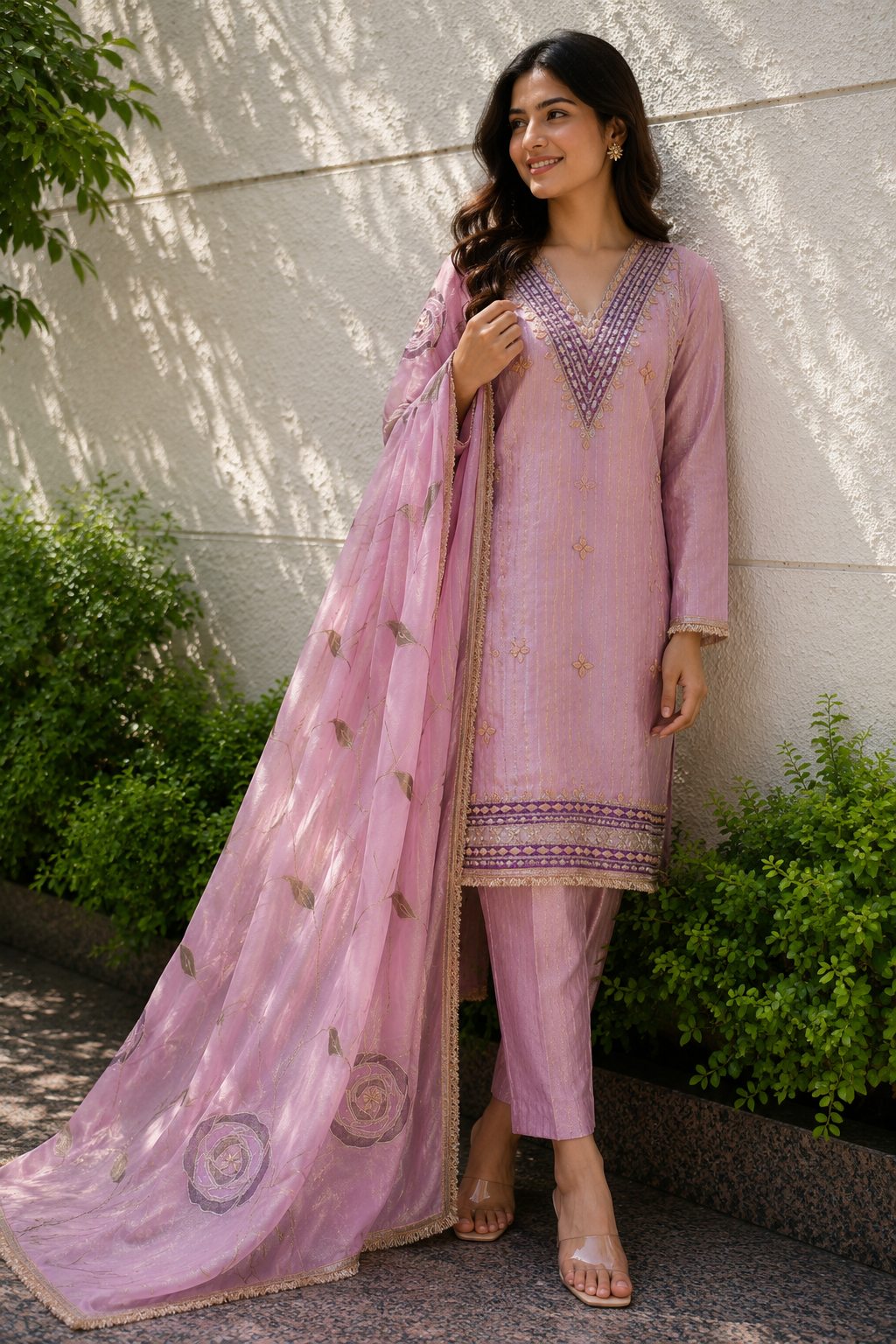 Ashvastra Meher Gota Patti Hand Embroidered Unstitched Suit Set (Blush Pink) - Styling View