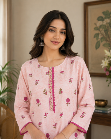 Pink Long Cotton Kurti with laces on boundary