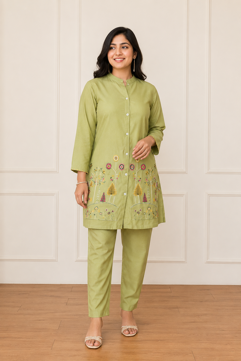 Mehakti Parrot Green Cotton Cord-ord set