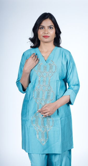 Teal Silk-Blend Kurta with Geometric Sequin Embroidery Paired with Matching Sharara