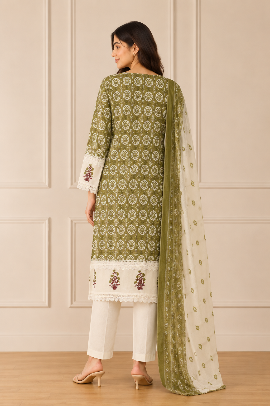 Ashvastra Meher Olive Cotton Set - Detail & Fabric Shot