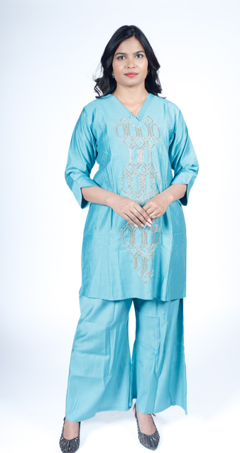 Teal Silk-Blend Kurta with Geometric Sequin Embroidery Paired with Matching Sharara
