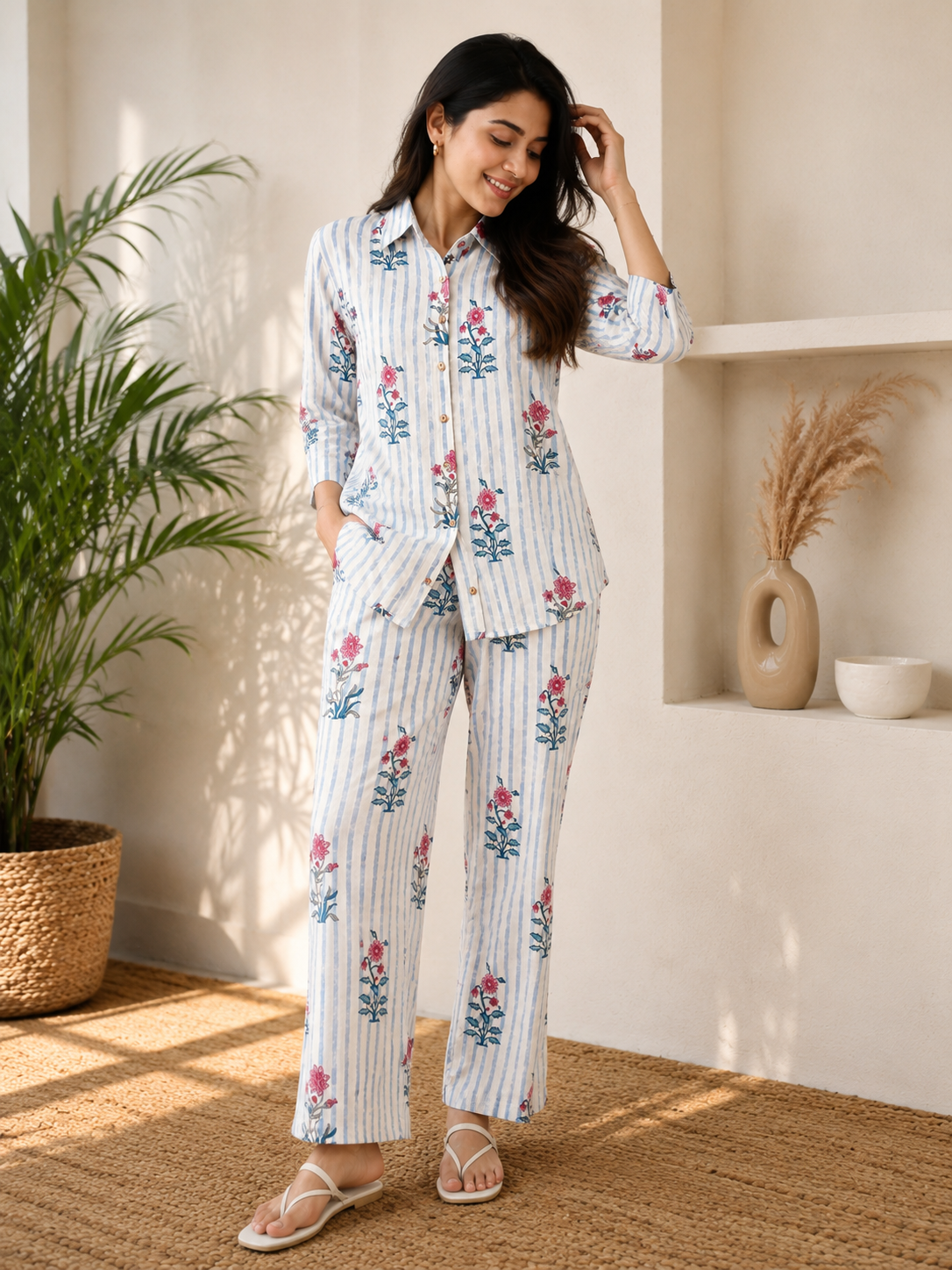 Ashvastra Blue line cotton cor-ord set - Detail & Fabric Shot