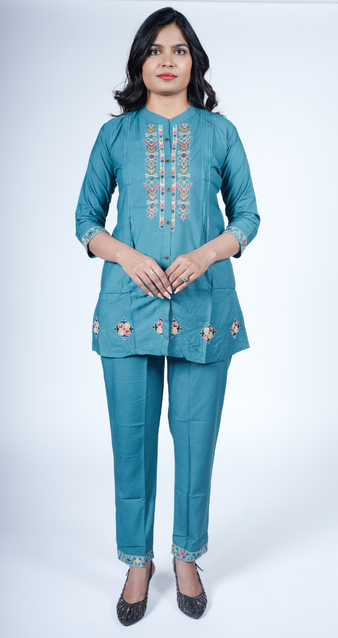 Stylish teal blue embroidered kurti set