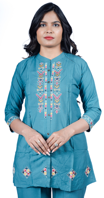 Stylish teal blue embroidered kurti set