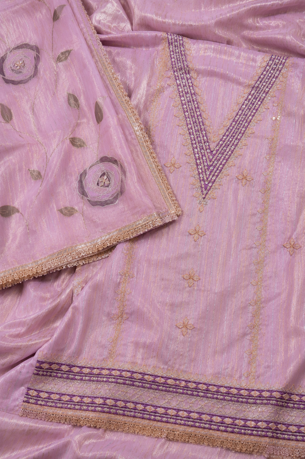 Ashvastra Meher Gota Patti Hand Embroidered Unstitched Suit Set (Blush Pink) - Close-up View