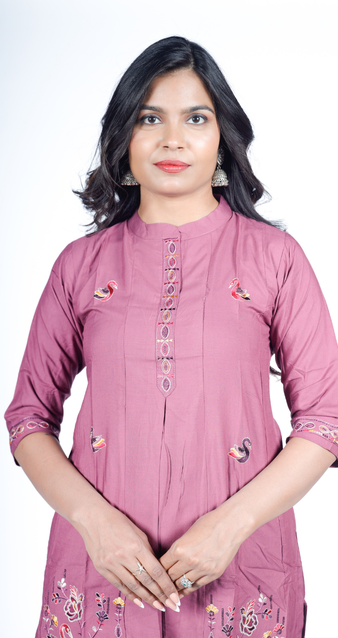 Mauve Straight Kurta with Intricate Swan & Floral Embroidery Paired with Matching Pants