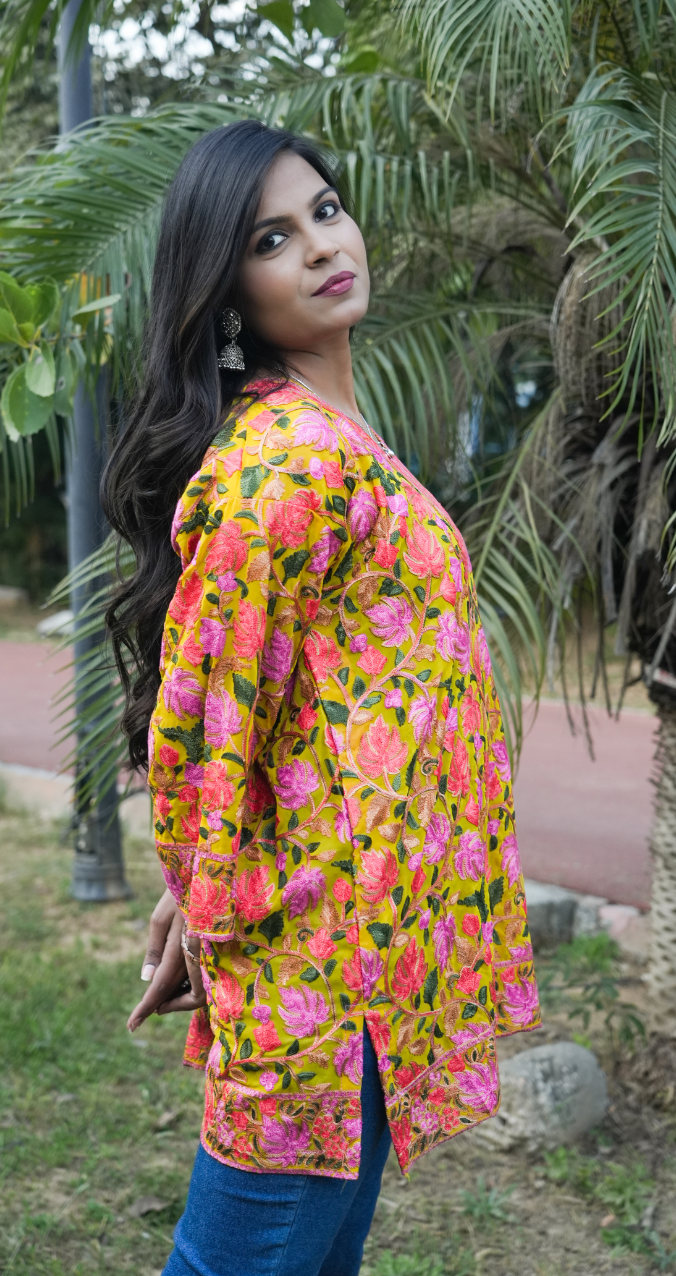 Mustard Yellow Floral Embroidered Kurti with Pink Thread Work
