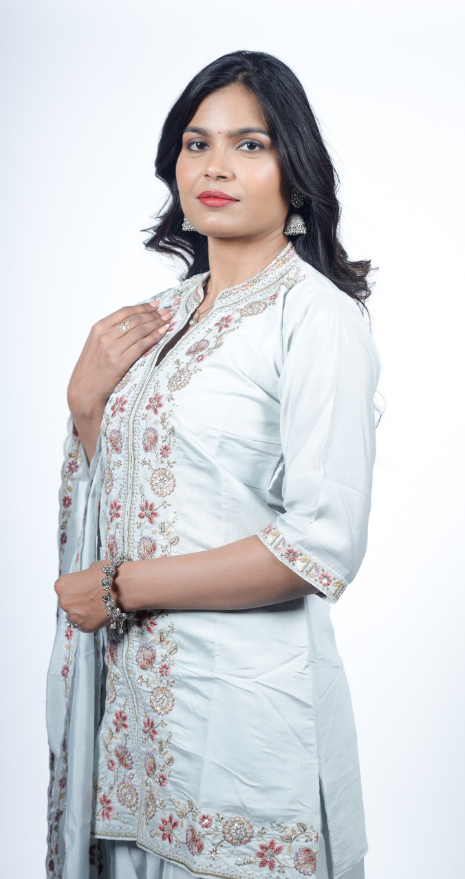 Powder Blue Embroidered Kurta Set with Flowing Sharara