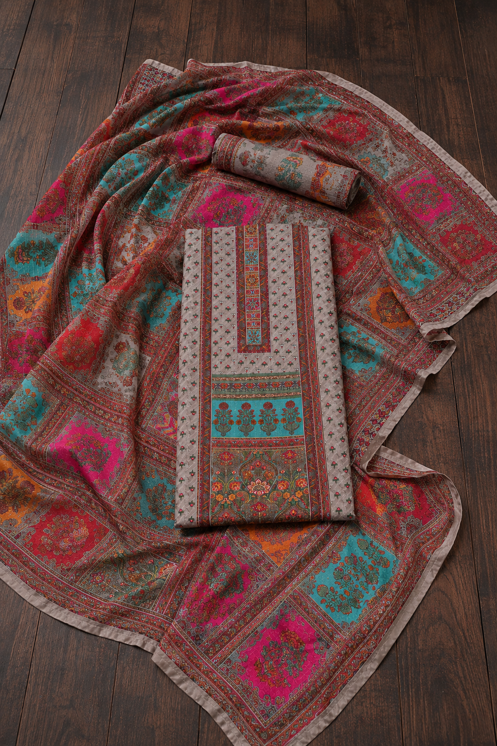 Rajwada Slate Grey Heritage Print Unstitched Suit Set