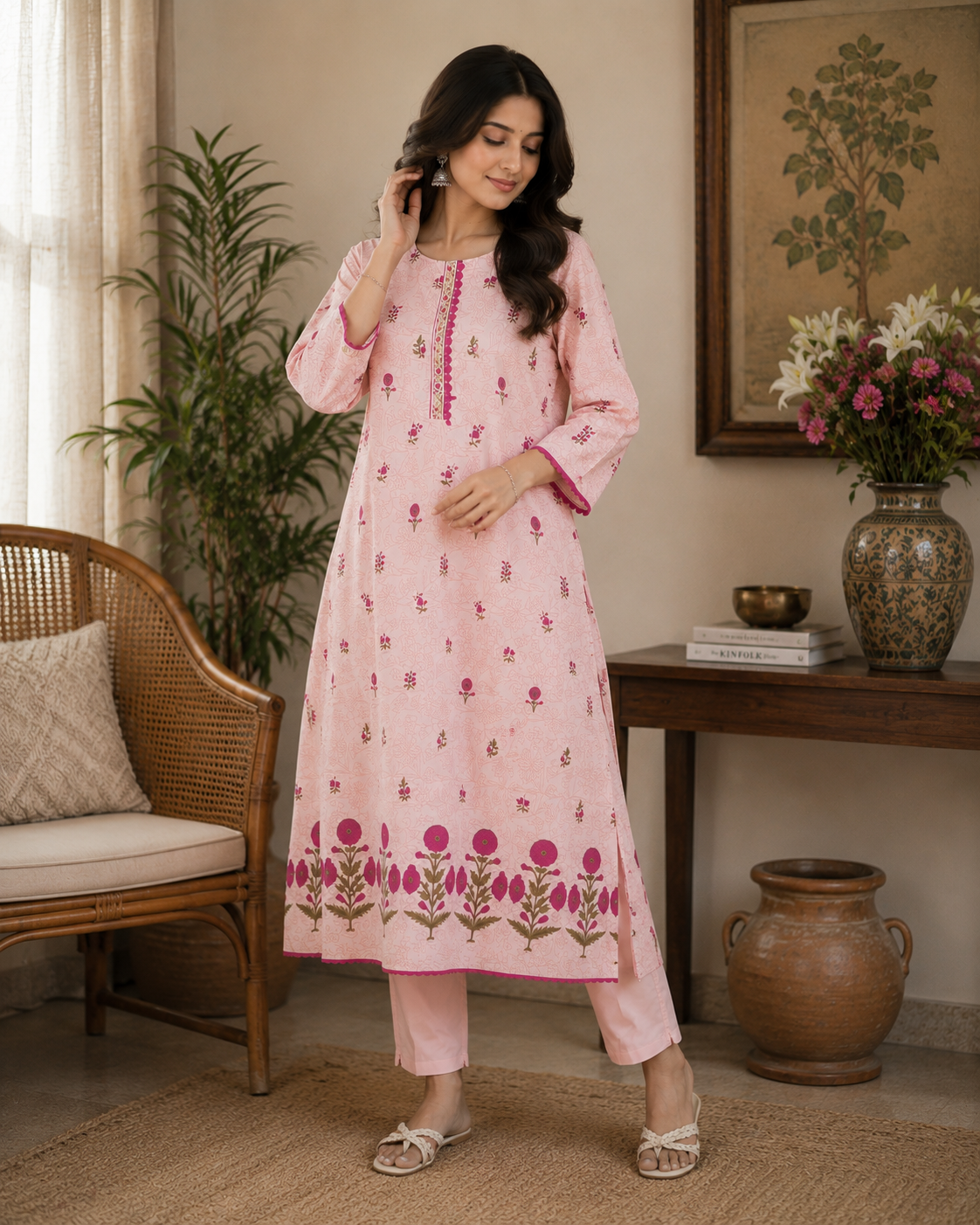 Pink Long Cotton Kurti with laces on boundary