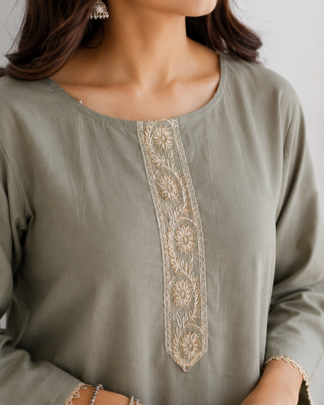 Noor Rust Green  Cotton Suit With Neck  Zari and with Banarsi Dupatta