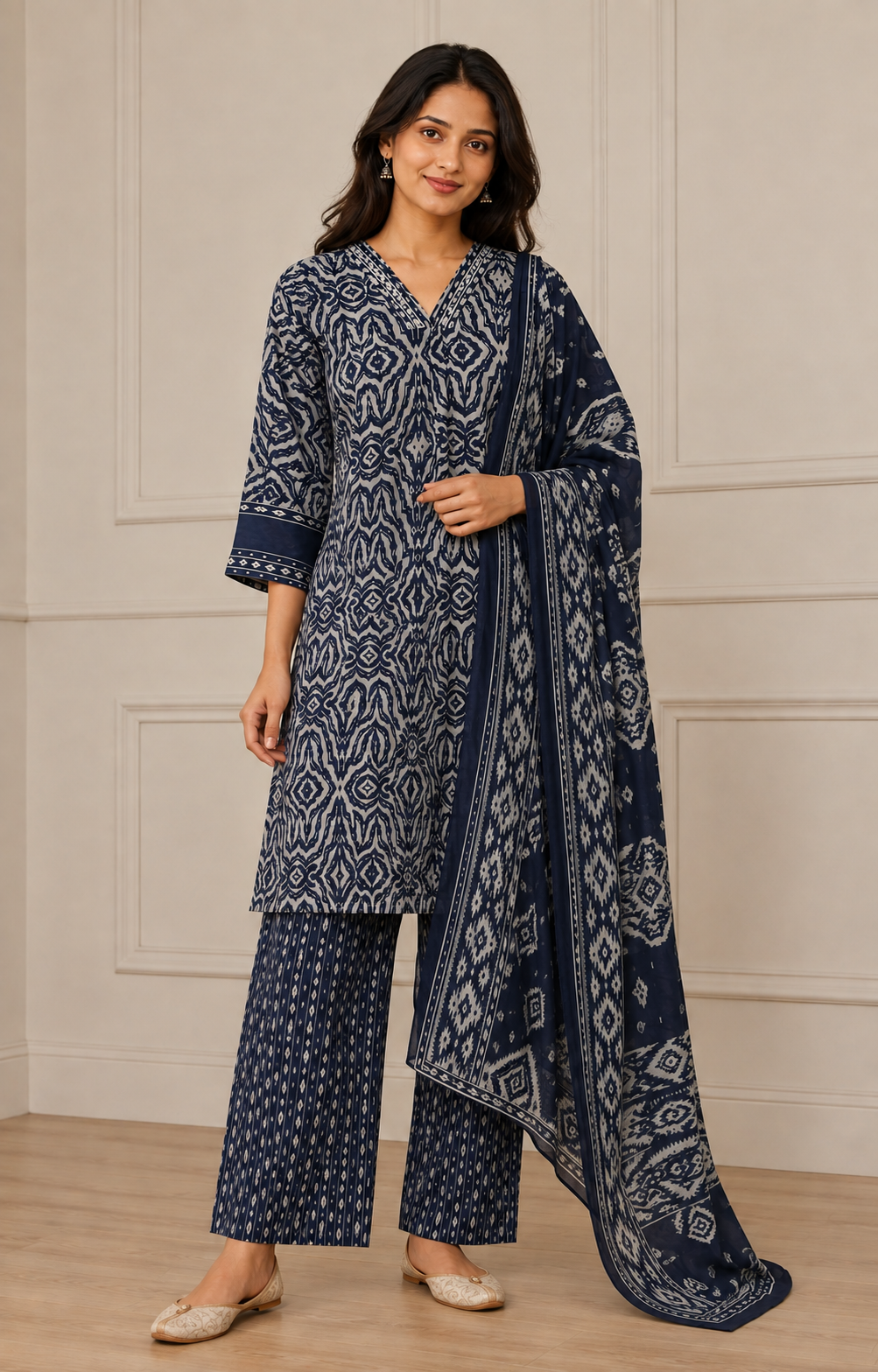 Ashvastra Neel Rang Indigo Printed Suit Set - Front View