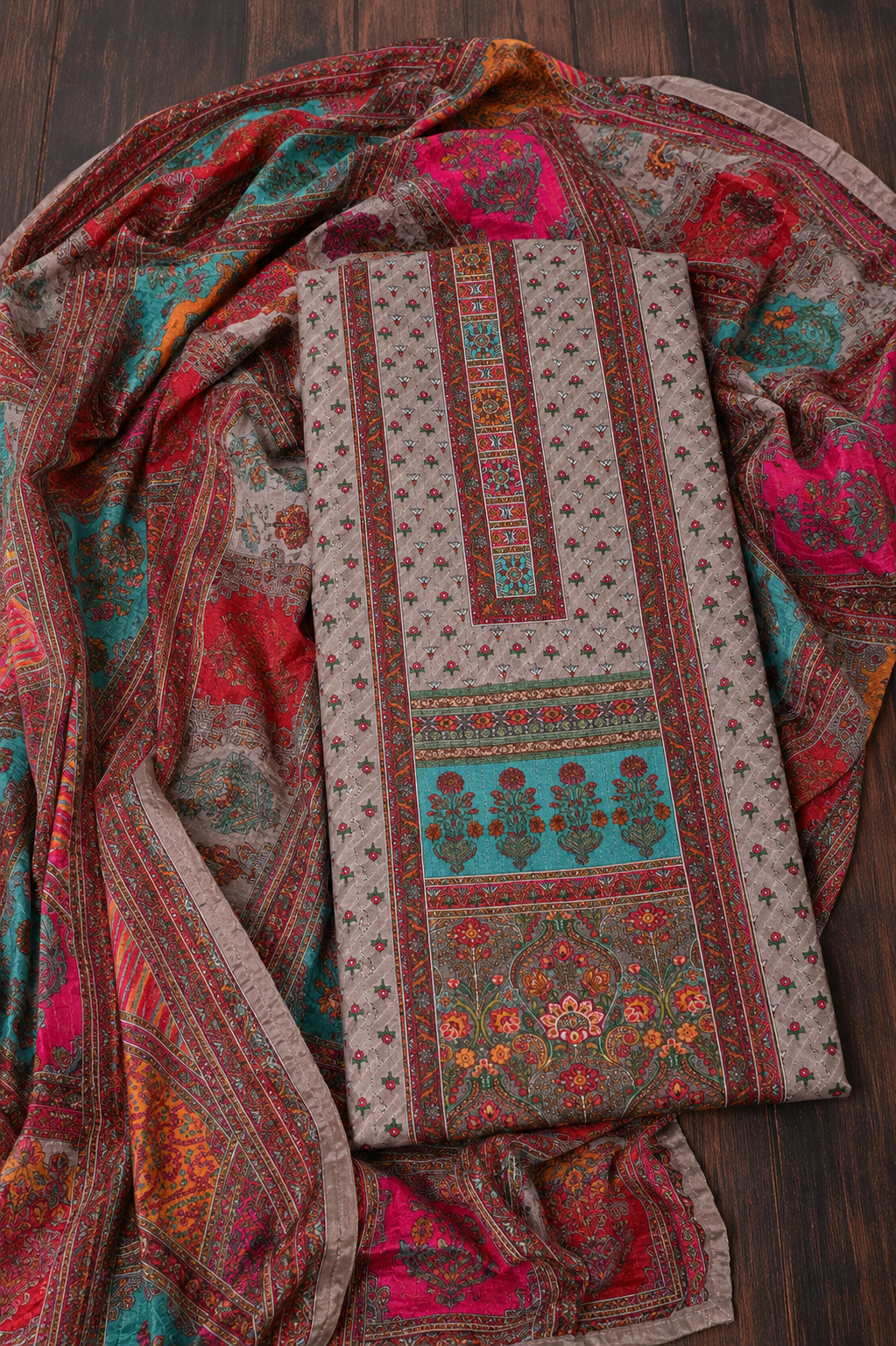 Rajwada Slate Grey Heritage Print Unstitched Suit Set