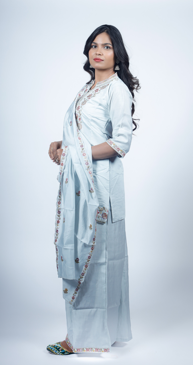 Powder Blue Embroidered Kurta Set with Flowing Sharara