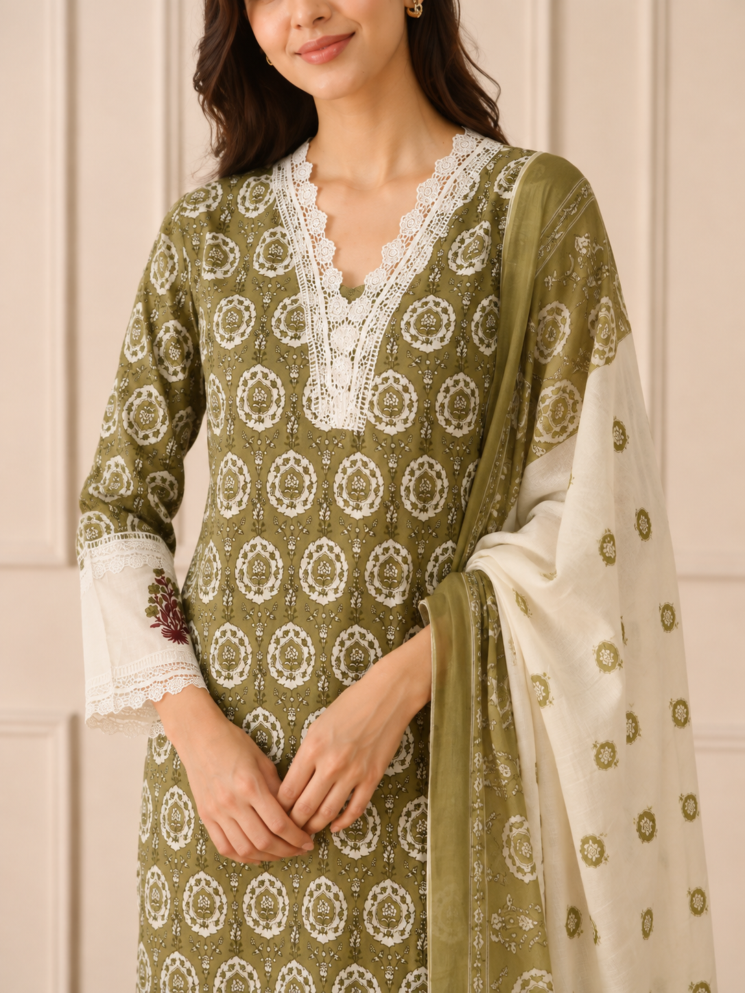 Ashvastra Meher Olive Cotton Set - Back View