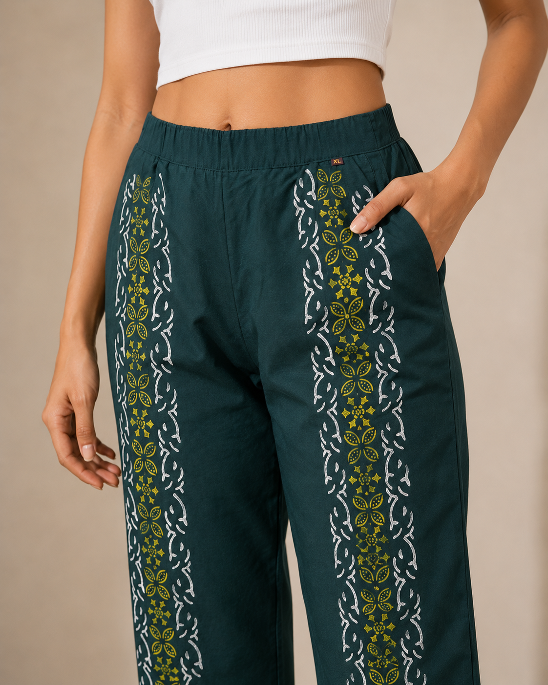 Dark Green Cotton Printed Pant