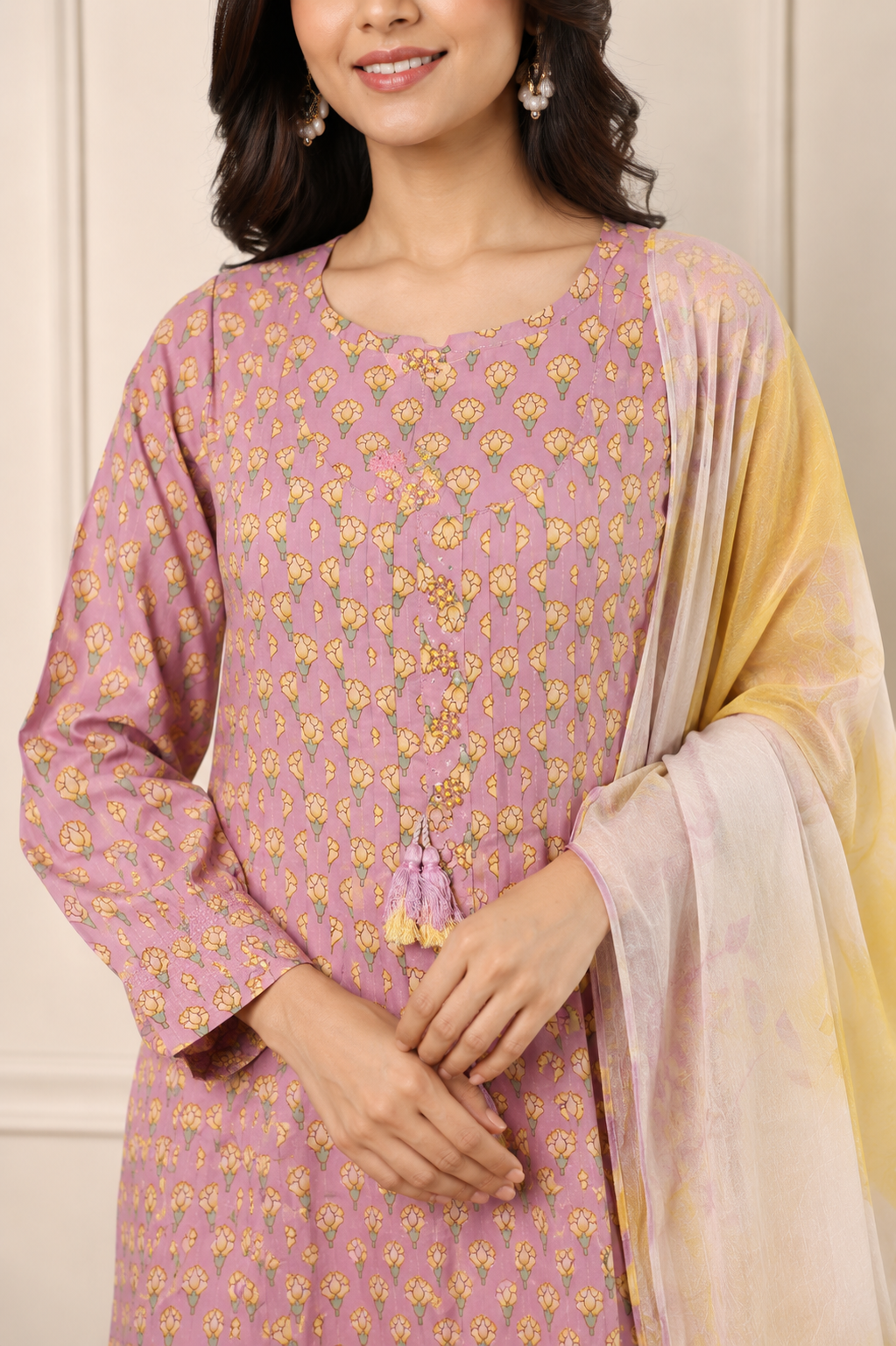 Ashvastra Gulnaar Lavender Cotton Set - Detail & Fabric Shot