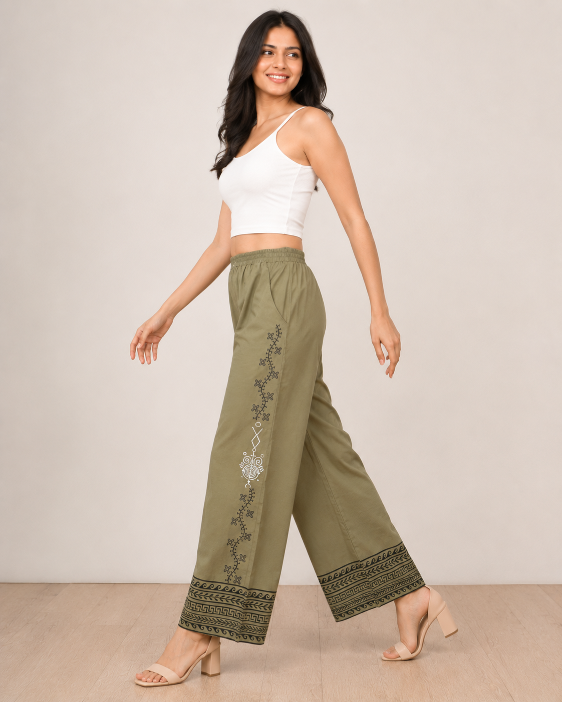 Olive Green Cotton Printed Pant