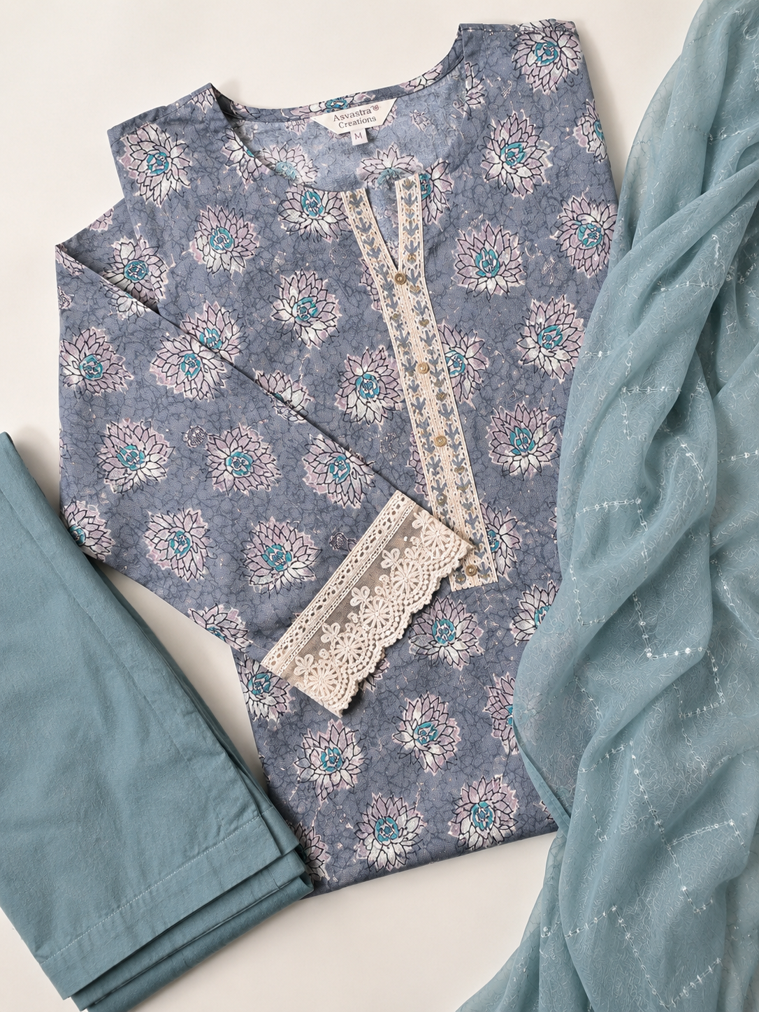 Ashvastra Gulabo Neel Floral Cotton Suit Set - Close-up View