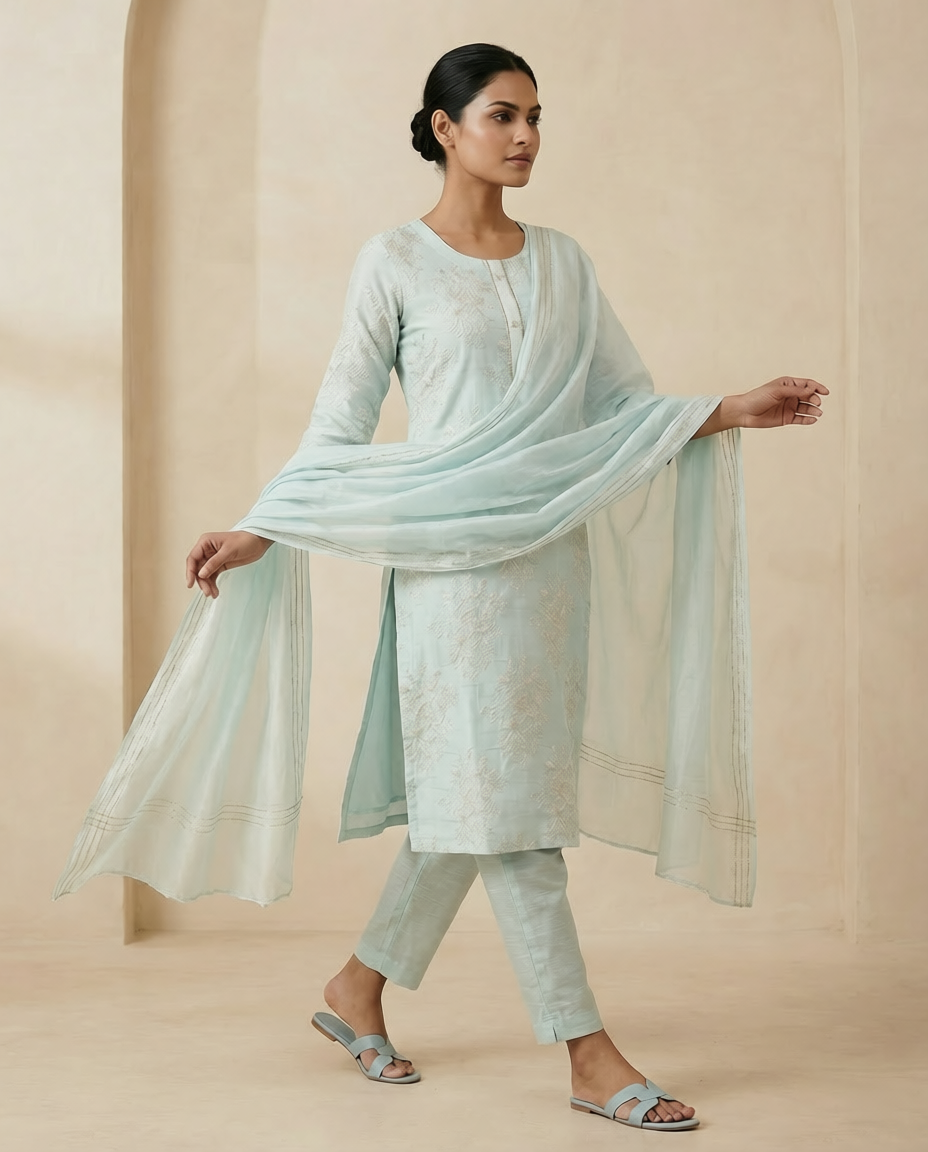 Light Aqua Blue Jacquard Kurti, Pant & Dupatta Set – Premium Ethnic Wear for Women
