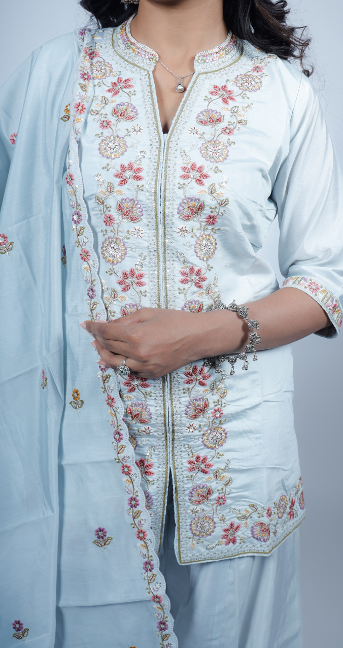 Powder Blue Embroidered Kurta Set with Flowing Sharara