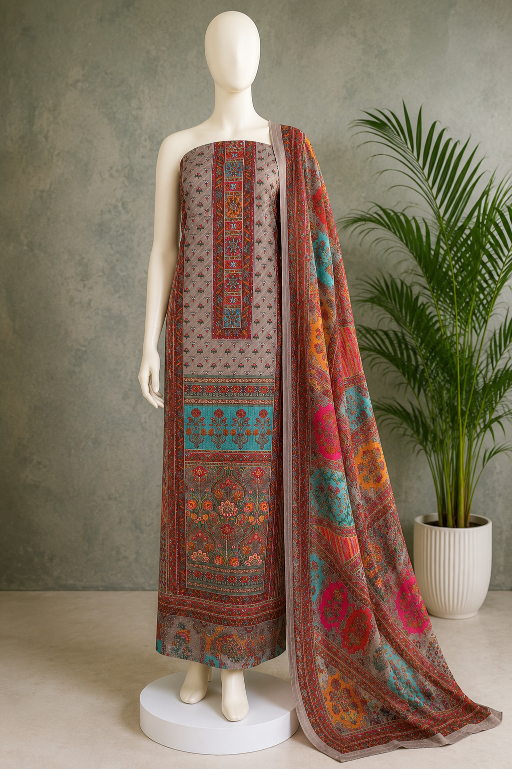 Kashida Print Muslin Silk Pakistani Unstitched Ensemble