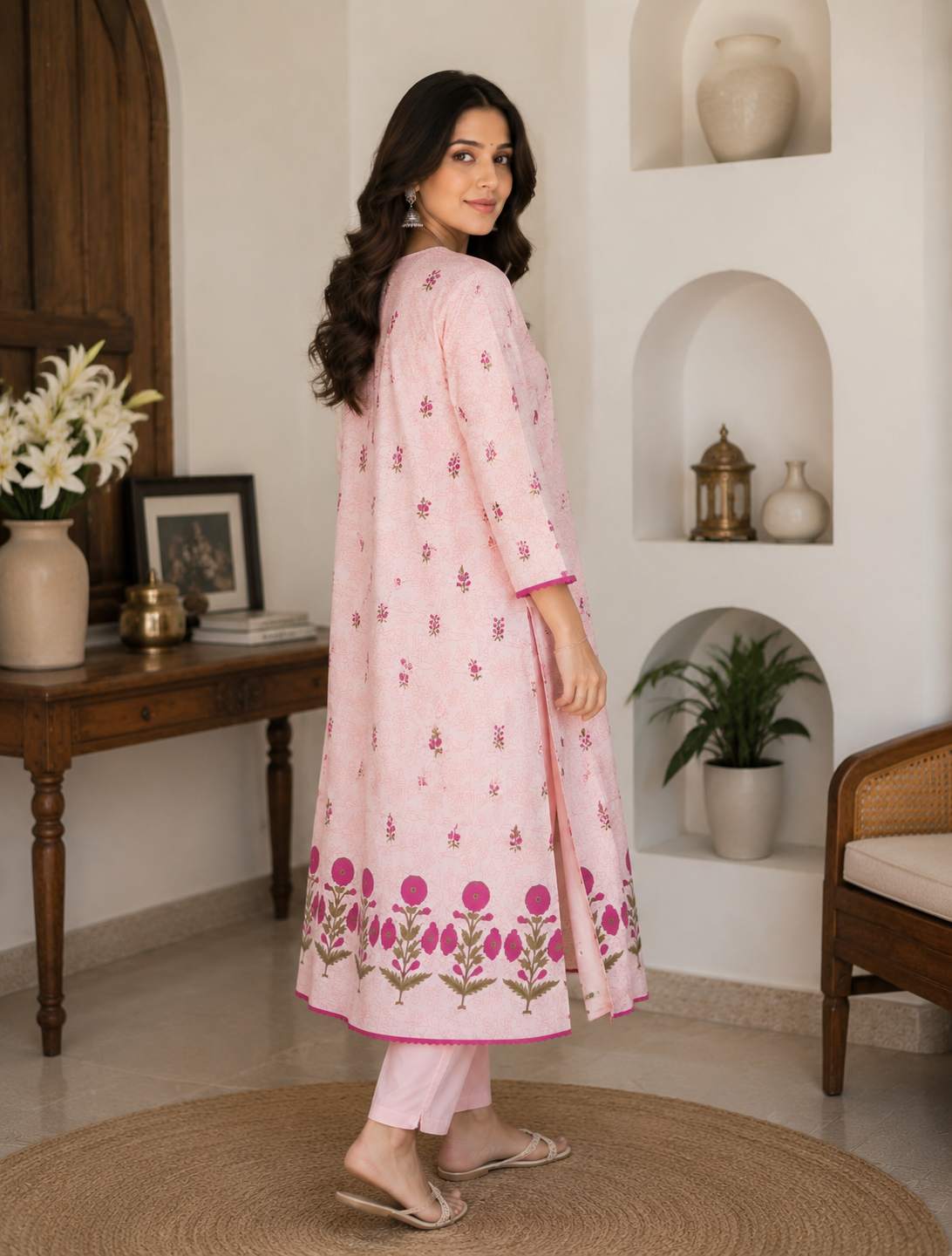 Pink Long Cotton Kurti with laces on boundary