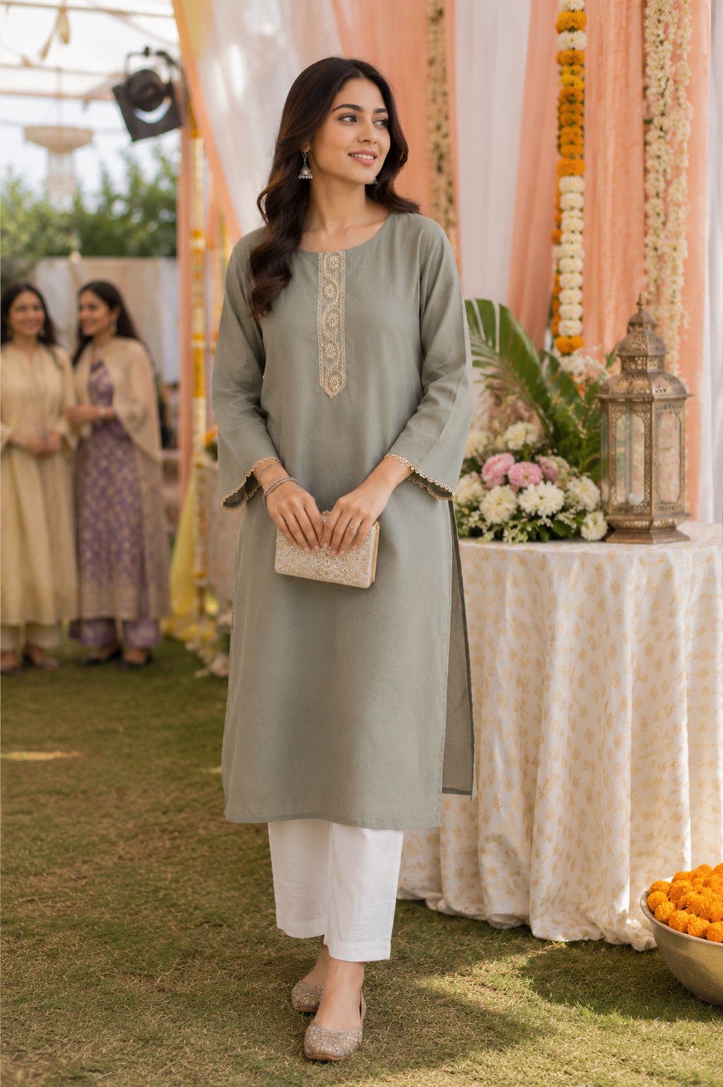 Noor Rust Green  Cotton Suit With Neck  Zari and with Banarsi Dupatta