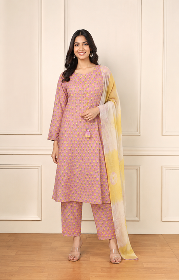 Ashvastra Gulnaar Lavender Cotton Set - Front View