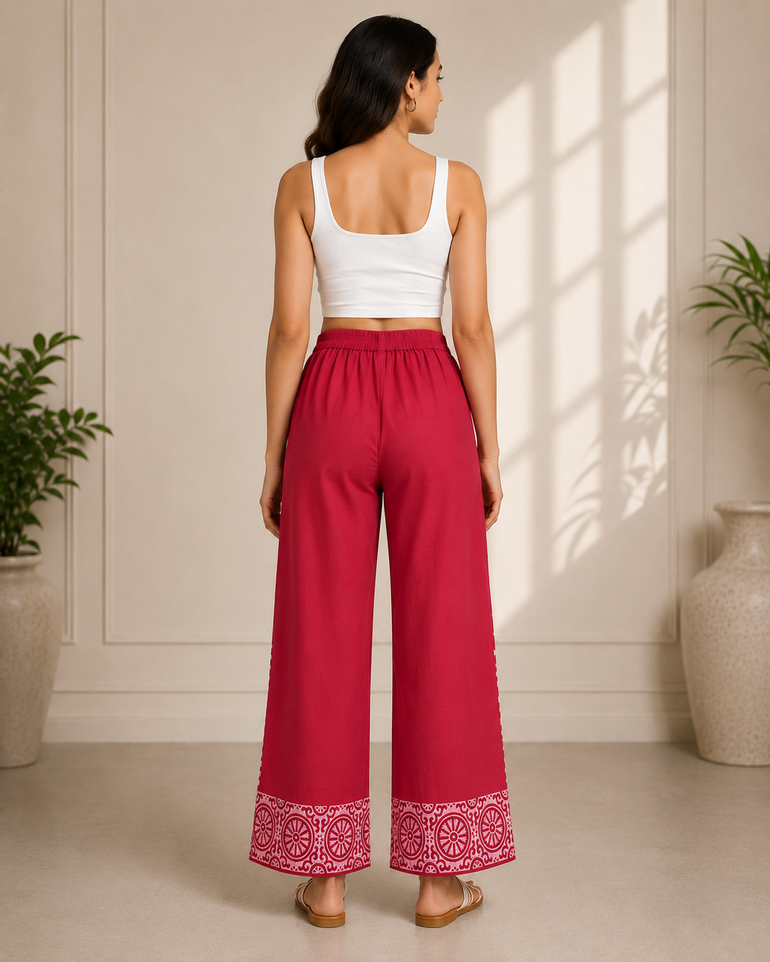 Dark Pink Cotton Printed Pants