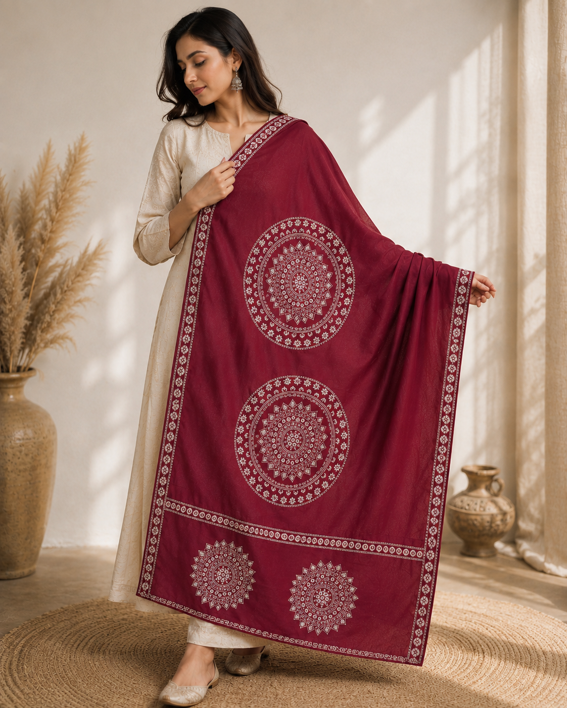 Rangrez Wine Mandala Printed Dupatta