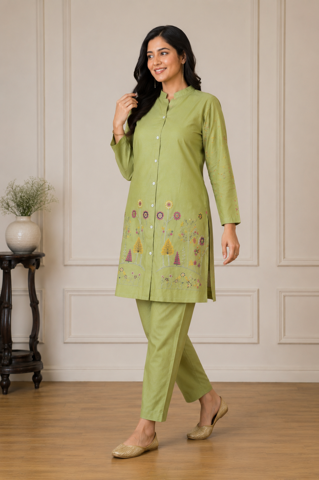 Mehakti Parrot Green Cotton Cord-ord set