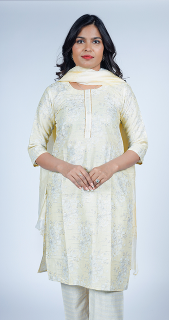 Light Yellow Floral Jacquard Kurti & Pant Set with Dupatta – Elegant Ethnic Wear