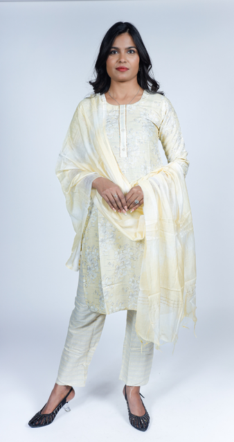 Light Yellow Floral Jacquard Kurti & Pant Set with Dupatta – Elegant Ethnic Wear
