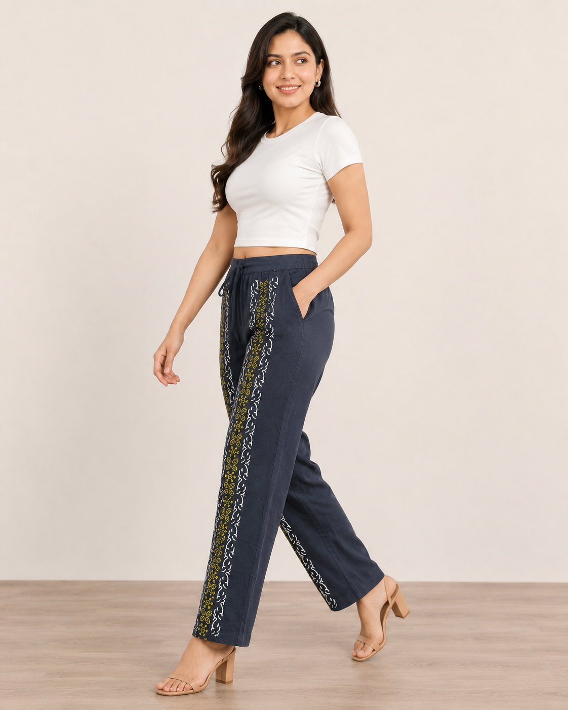 Navy Blue Cotton Printed Pant